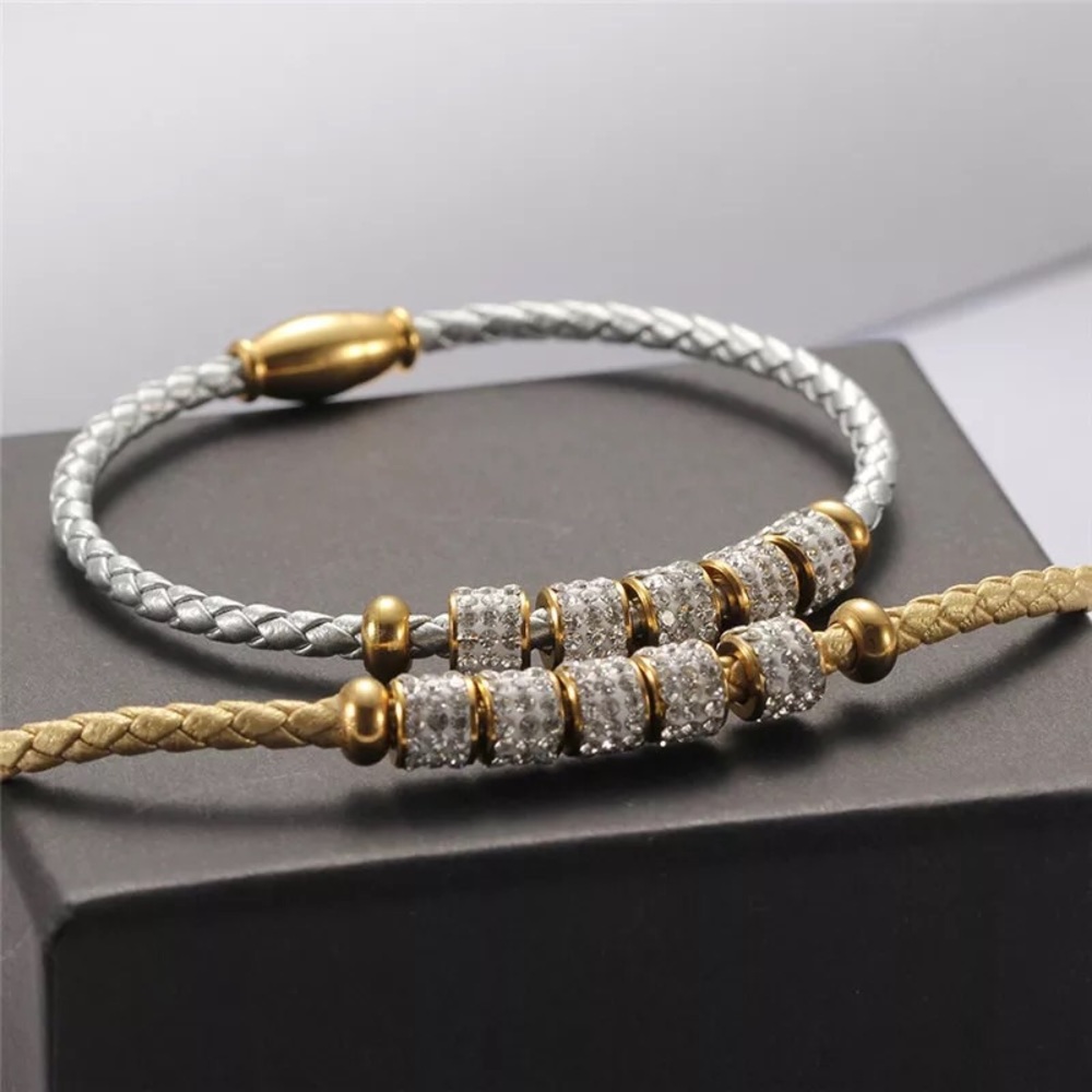 Leather bracelet with disco charms stainless clasp